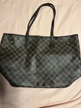 Fashion Bag Brown Checker Tote Bag with Black Handles